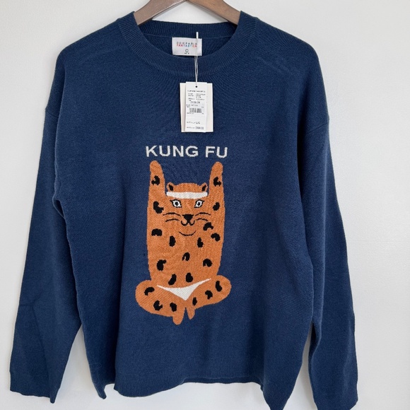 Kung Fu Cat Leopard Sweater Jacquard Knit Relaxed Fit Women's Size L - Picture 3 of 11